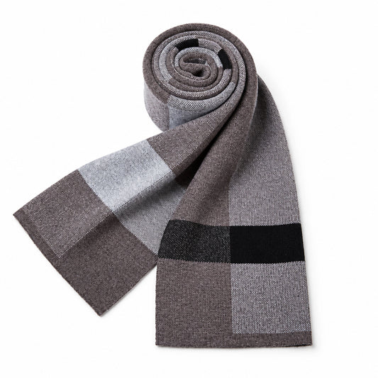 Unisex plaid knitted winter scarf rolled up in brown, grey, and black tones