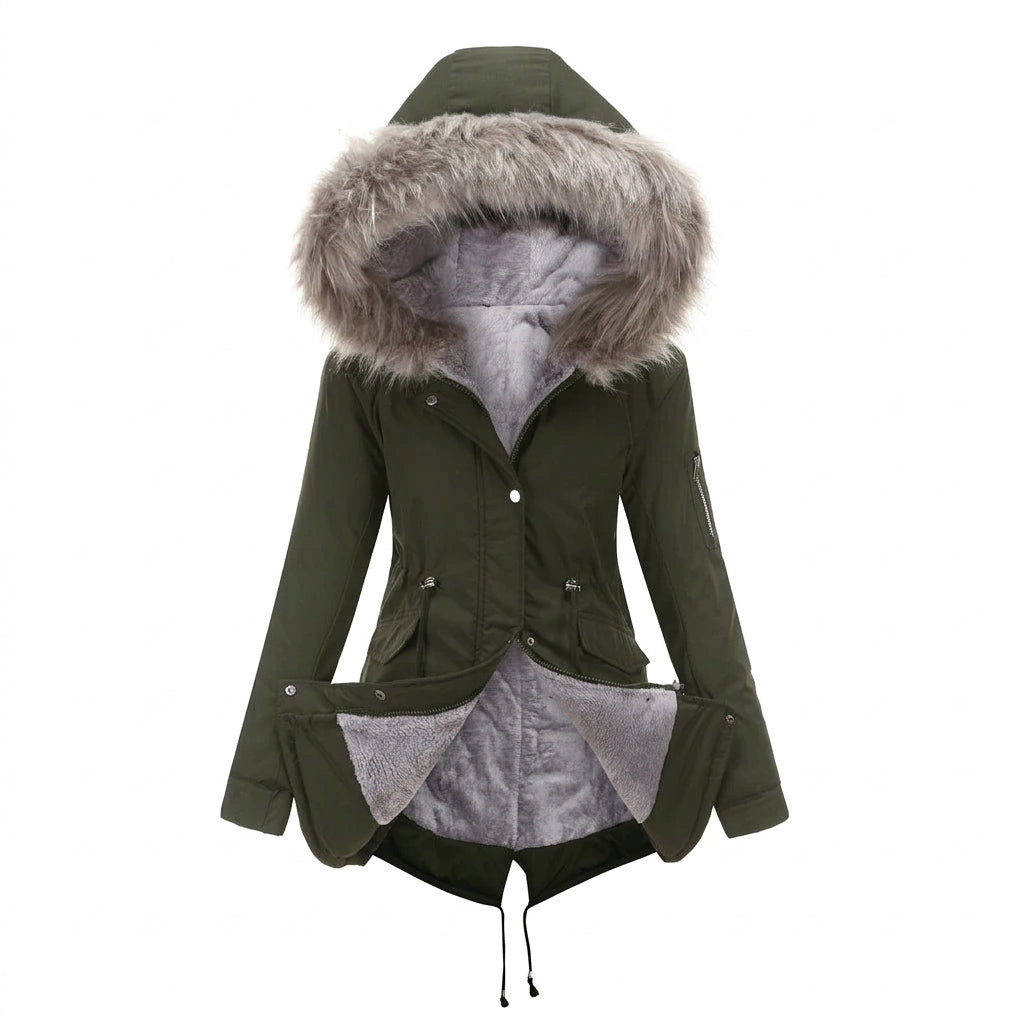 Dark green parka coat with a faux fur-lined hood, fluffy grey interior lining, and drawstring waist.