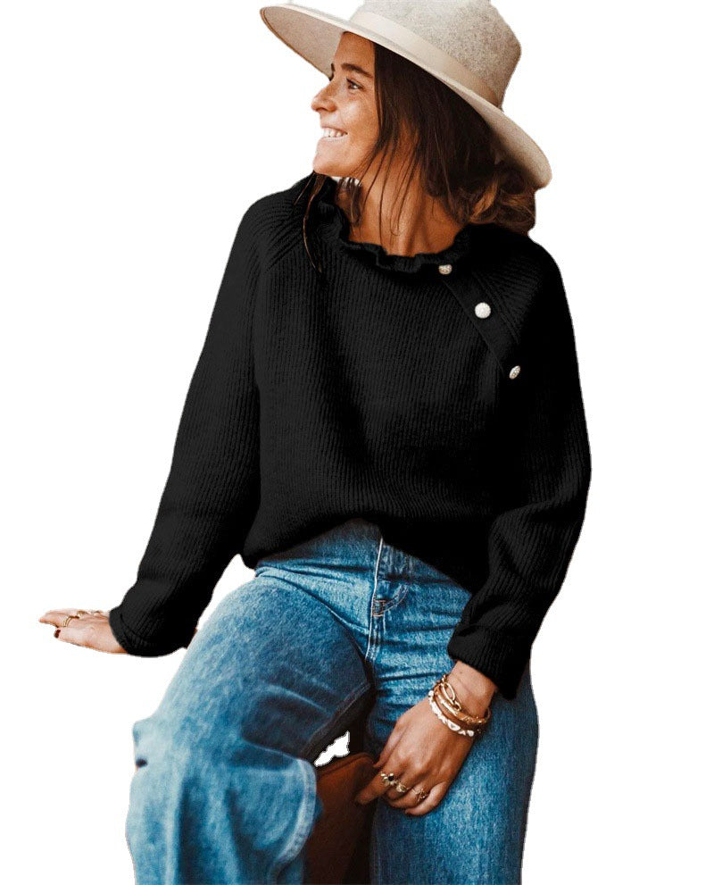 Soft Knit Sweater in Relaxed Fit with Enhanced Ease and Ruffle Neck