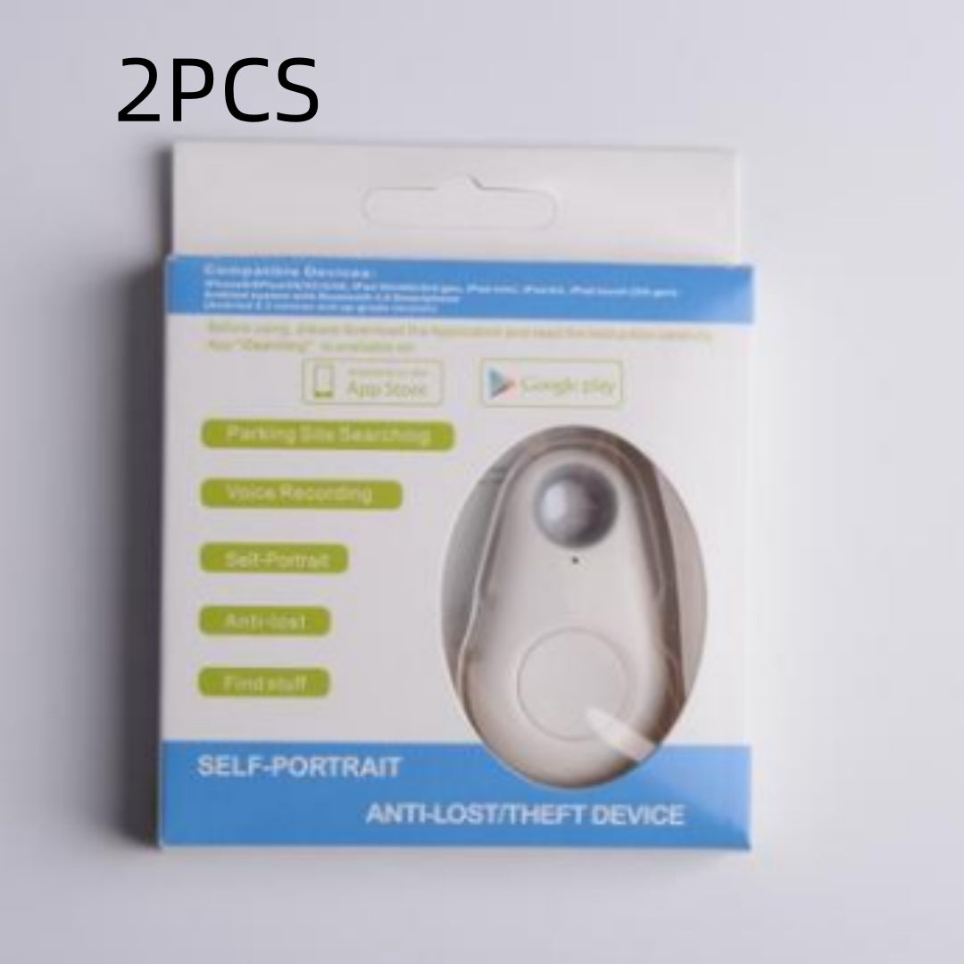 White oval-shaped waterproof Bluetooth tracker in blue and white retail packaging for locating keys and bags.