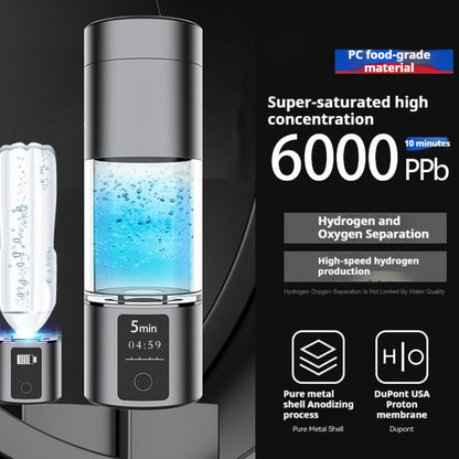 Silver hydrogen water bottle with clear chamber, digital display, and marketing text on dark background.