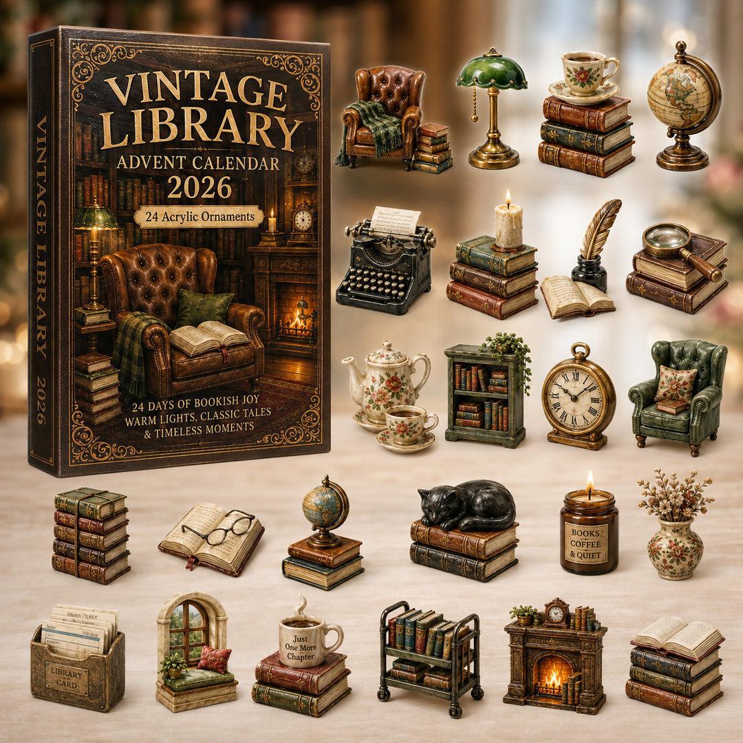 Advent calendar box with vintage library theme and miniature acrylic ornaments including books, chairs, and lamps.