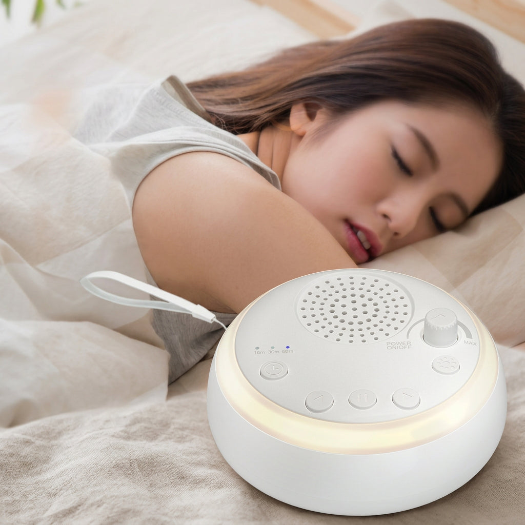 Round white sound machine with speaker grill and control buttons sitting on a bed next to a sleeping woman