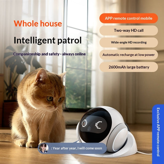 Smart pet camera robot with cat sitting nearby and text overlays describing features