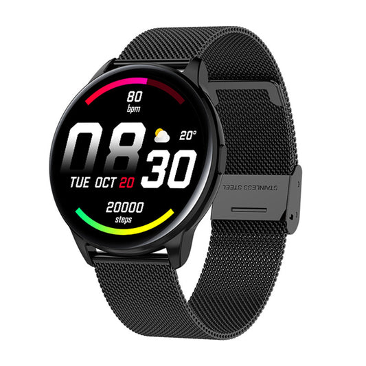 Smart wearable GPS smartwatch featuring a digital touchscreen display and mesh metal band.