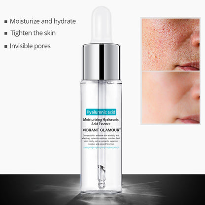 Hyaluronic acid dropper bottle next to text listing benefits and close-up before and after skin images.