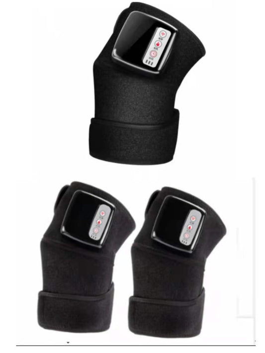 Three black knee massager wraps with digital control panels and touch buttons.