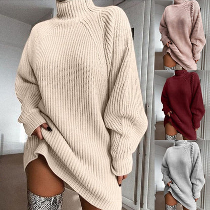 Beige, pink, burgundy, and gray ribbed knit turtleneck sweater dress with a relaxed fit for cozy fall layering.