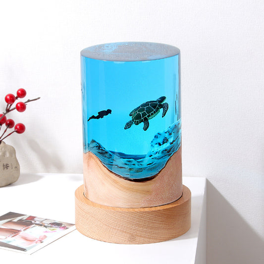 Ambient Fish Tank Desk Lamp with Solid Wood and Resin Cylinder Creates Warm Ambient Glow for Modern Home Office