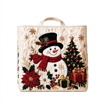 Quilted Christmas tote bag with snowman and snowy scene design