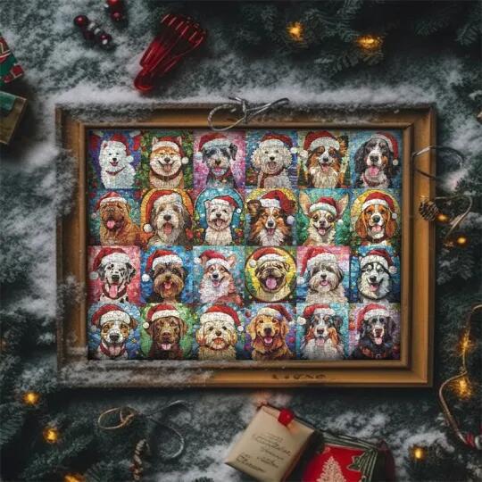 Dogs in Santa hats puzzle artwork
