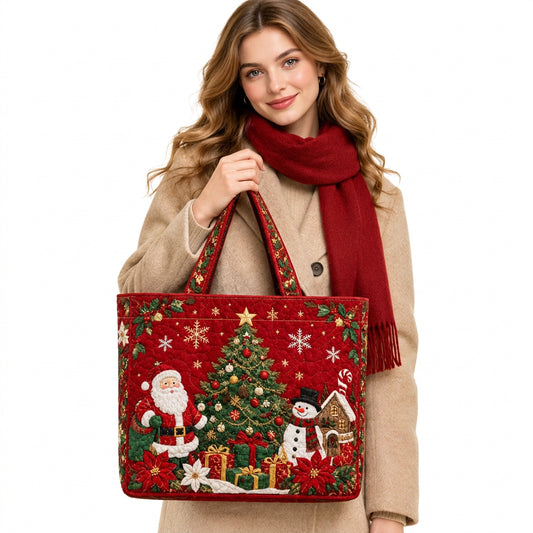 Woman carrying a quilted Christmas tote bag with Santa and Christmas tree scene