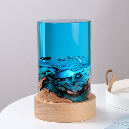 Ambient Fish Tank Desk Lamp with Solid Wood and Resin Cylinder Creates Warm Ambient Glow for Modern Home Office