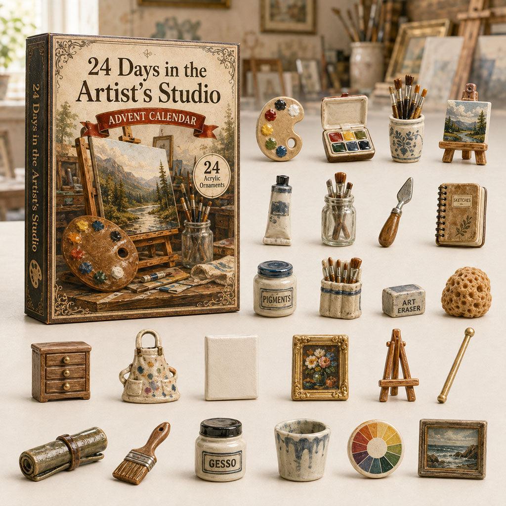 Miniature art studio advent calendar box with twenty-four tiny artist tools and supplies laid out.