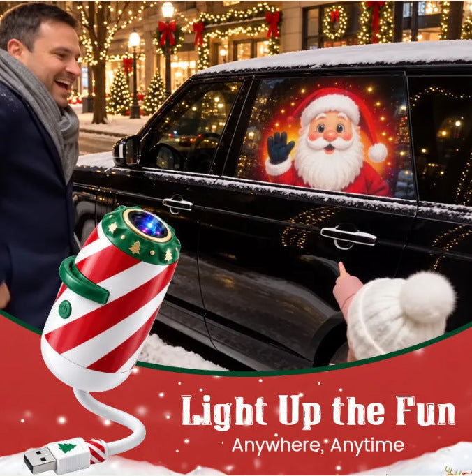 Red and white striped USB car projector light projecting a waving Santa image onto a car window.