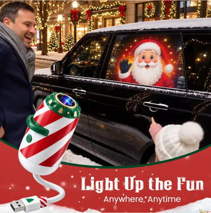 Red and white striped USB car projector light projecting a waving Santa image onto a car window.