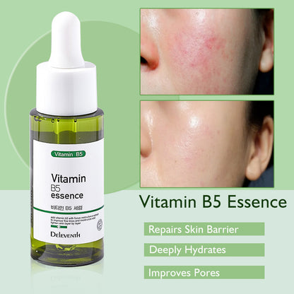 Vitamin B5 essence bottle with skin comparison and benefit highlights