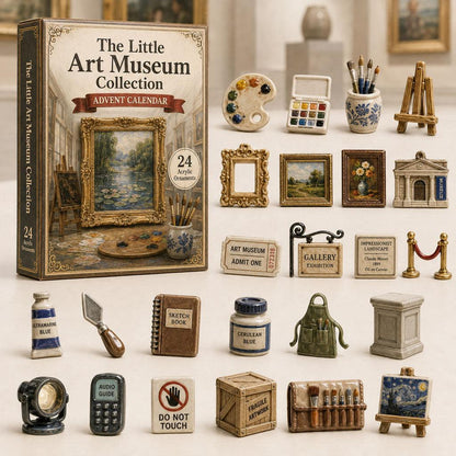 Miniature art museum advent calendar box and 24 tiny collectible art-themed acrylic ornaments laid out.