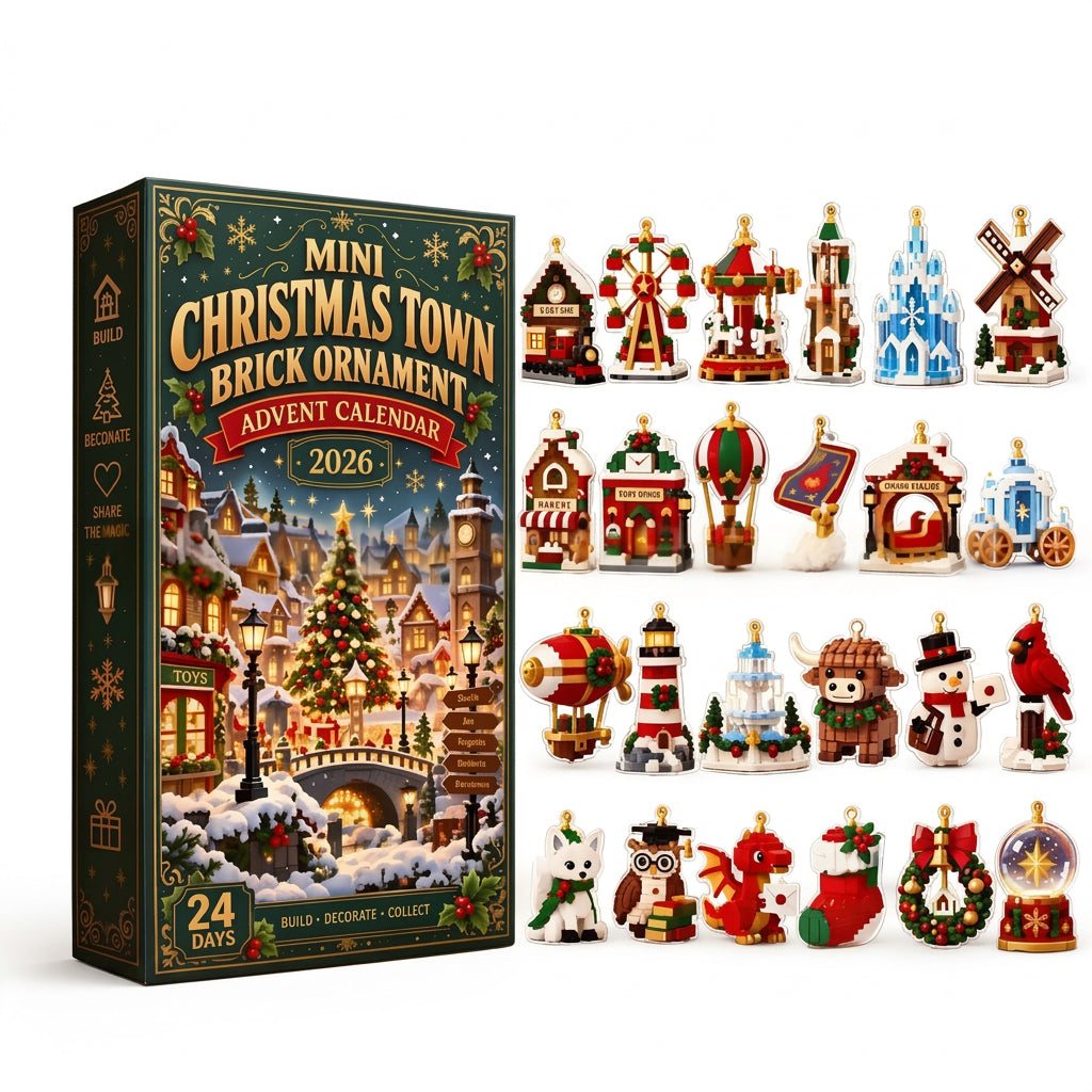 Christmas town brick ornament advent calendar box with various buildable holiday mini build figures.