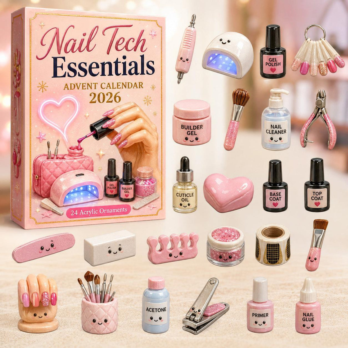 Advent calendar box with 24 miniature nail tech supplies and accessories laid out around it.