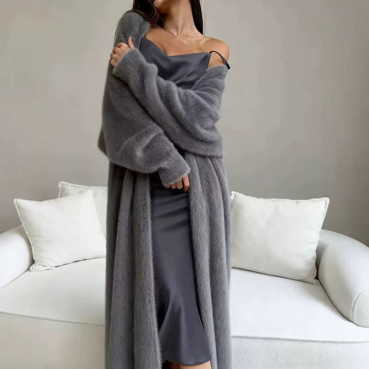 Open-front faux-fur cardigan draped, side view