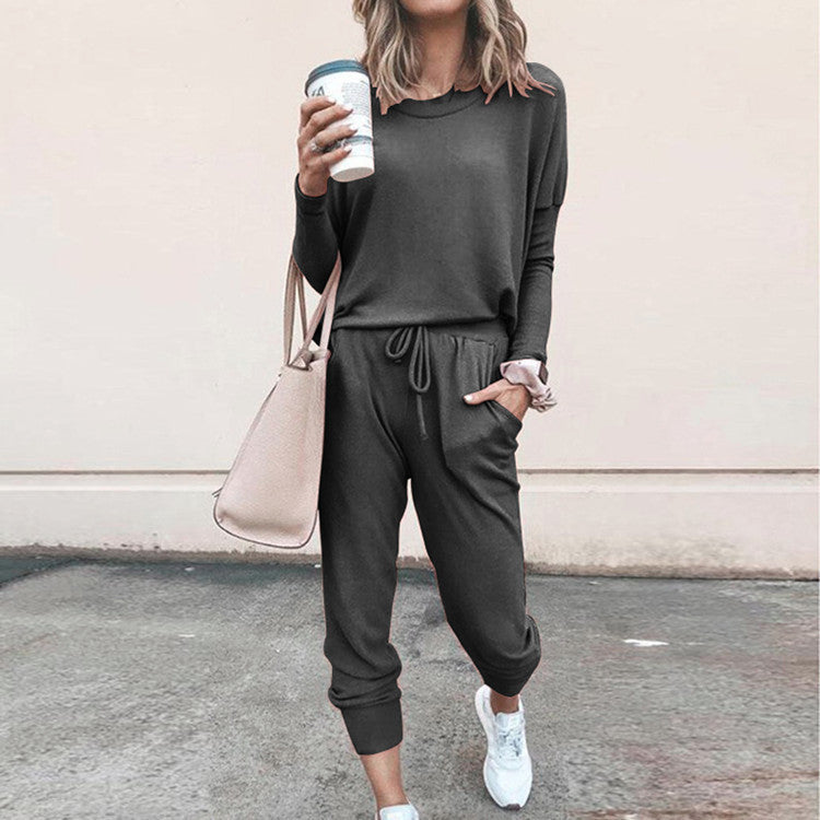 Women’s Casual Chic Lounge Set – Long Sleeve Pullover Top & Drawstring Pants with Pockets – Effortless Style & Comfort”
