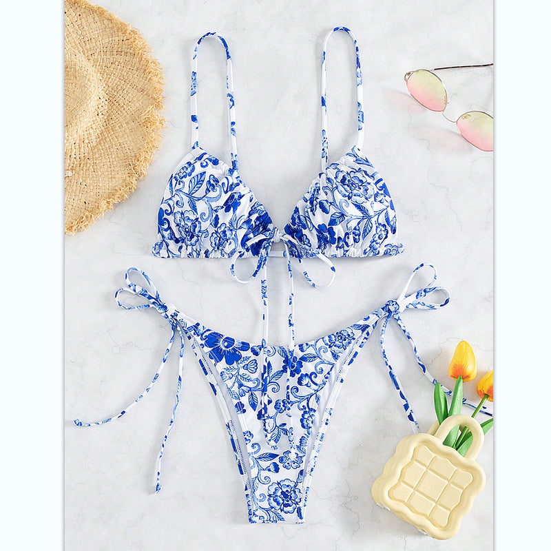 Floral Bikini Set with Convertible Top in Blue and White for Women