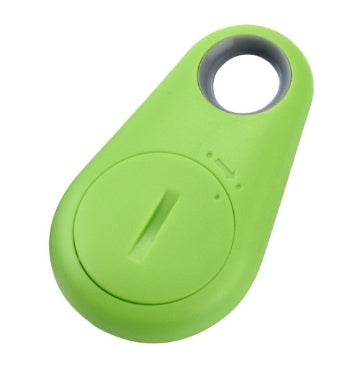 Lime green waterproof Bluetooth tracker with a gray key ring loop for attaching to bags and keys.
