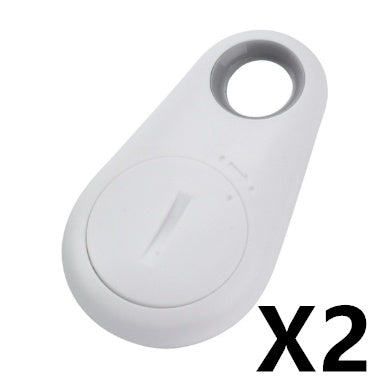 Two white, teardrop-shaped waterproof bluetooth trackers with key rings for locating keys and bags.
