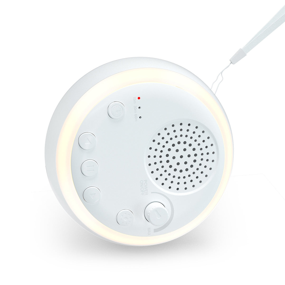 Round white sound machine with speaker grille, control buttons, volume knob, and a glowing light ring.