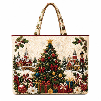 Quilted Christmas tote bag with Christmas town and tree design