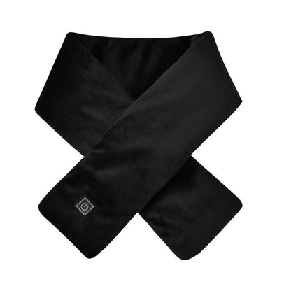 Black heated scarf with a power button icon on the front tip