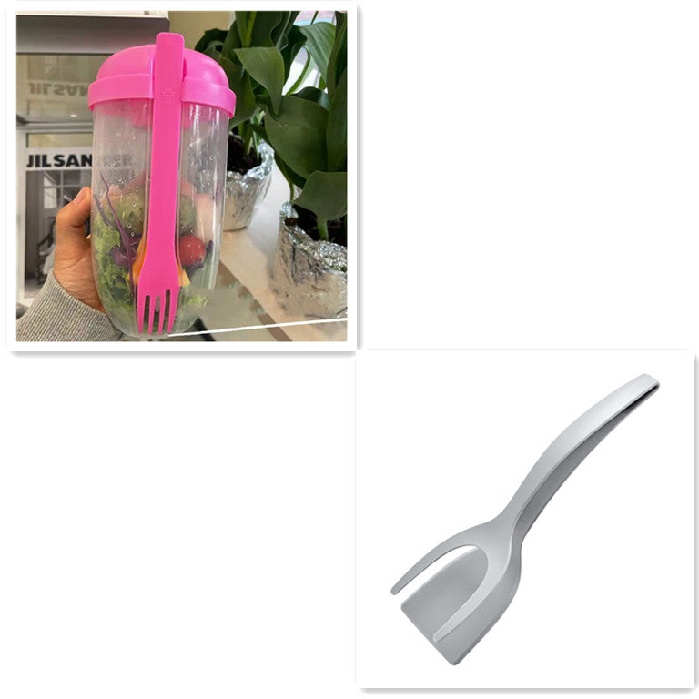 Clear plastic salad cup with pink lid and attached fork holding a fresh vegetable salad.
