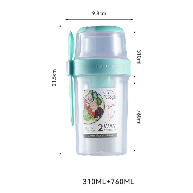 Salad cup with size and capacity measurements, mint lid