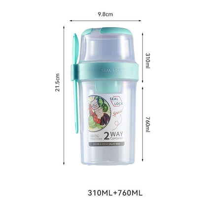 Salad cup with size and capacity measurements, mint lid