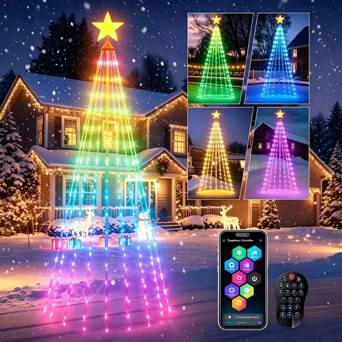 RGBIC LED cone tree string lights outdoors with remote and app control.