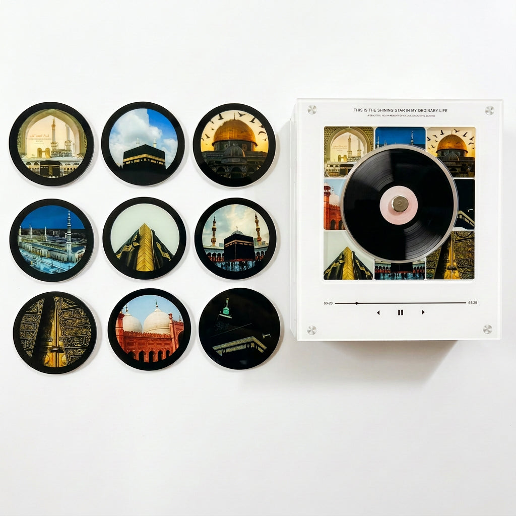 Nine round discs with mosque and shrine photos beside a white vinyl music player.