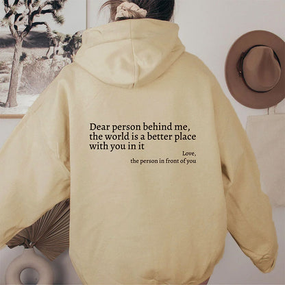Beige oversized hoodie with black letter print for daily comfort.