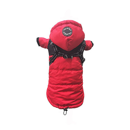 Red puffer dog coat with a hood and integrated black harness, shown from the back.