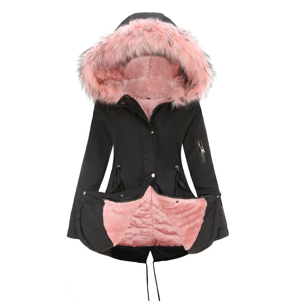 Black hooded parka coat with pink faux fur lining and trim.