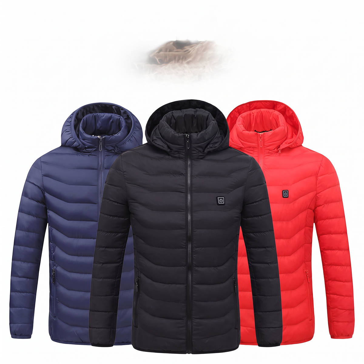 Three quilted heated jackets with hoods in navy blue, black, and red, featuring zippered fronts and power buttons.