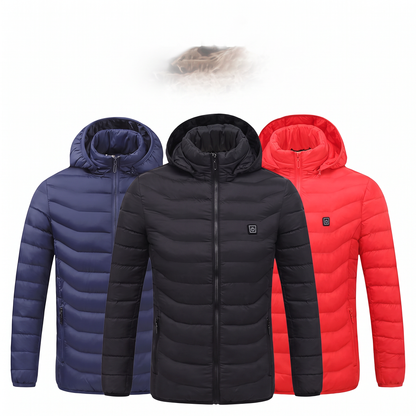 Three quilted heated jackets with hoods in navy blue, black, and red, featuring zippered fronts and power buttons.