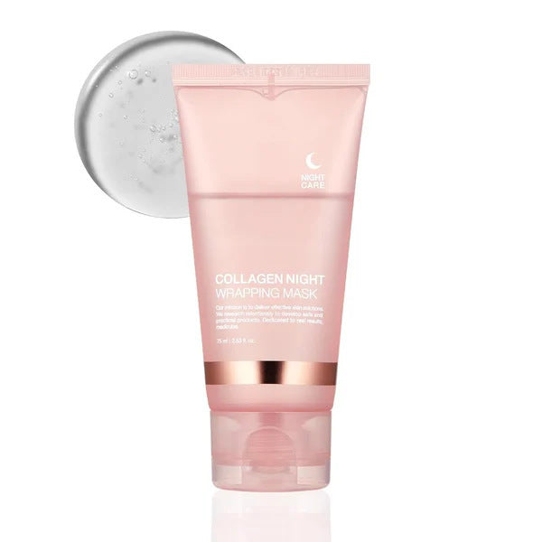 Pink squeeze tube with white text and clear gel swatch, hydrating anti-aging overnight mask for a bedtime skincare routine.