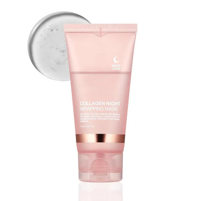 Pink squeeze tube with white text and clear gel swatch, hydrating anti-aging overnight mask for a bedtime skincare routine.