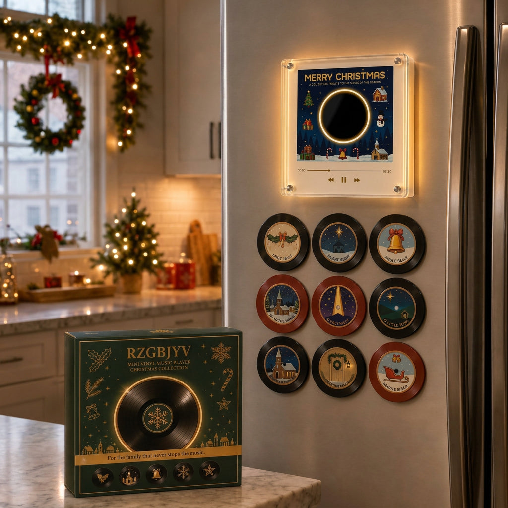 Light-up Merry Christmas music box magnet on a refrigerator with nine round song discs and a gift box.