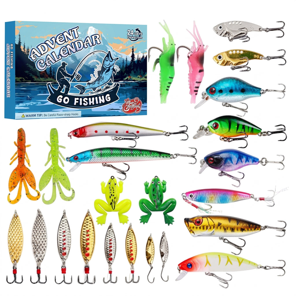 Fishing advent calendar box beside an assortment of colorful lures, spoons, soft baits, and frogs.