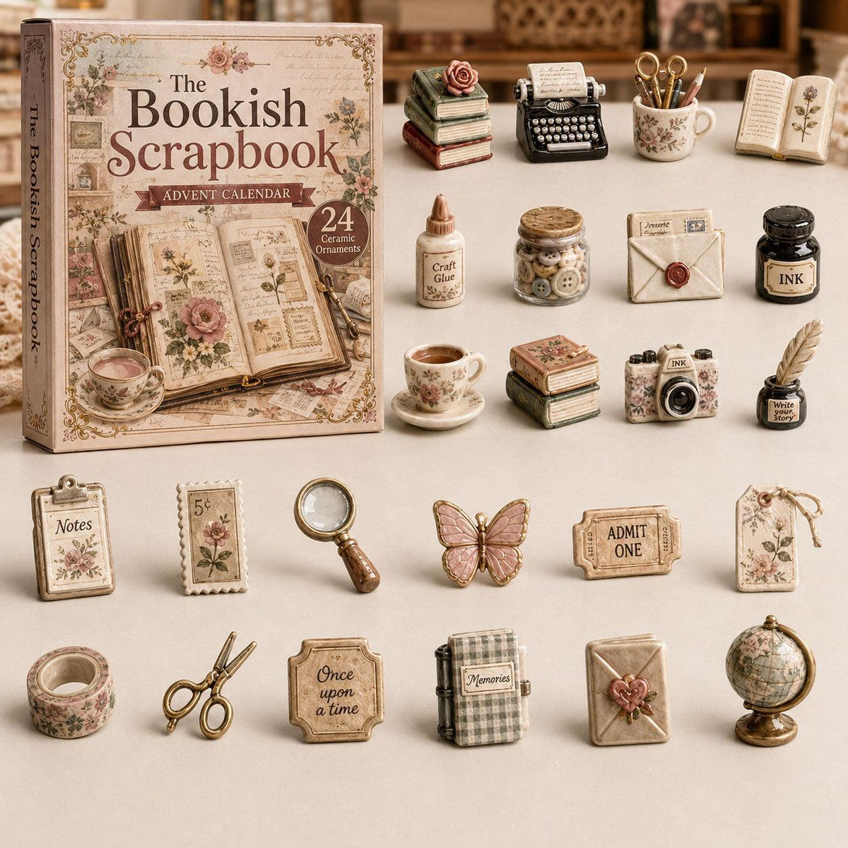 Advent calendar box with twenty-four miniature ceramic hobby ornaments displayed on a table.