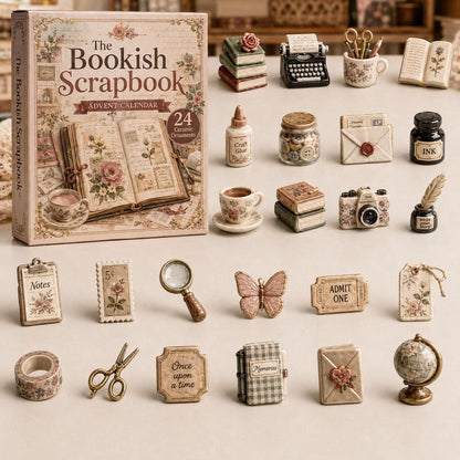 Advent calendar box with twenty-four miniature ceramic hobby ornaments displayed on a table.