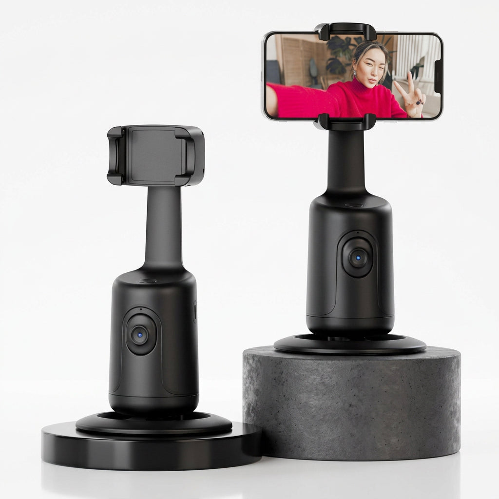Two black AI face tracking phone gimbals, one holding a smartphone displaying a video.