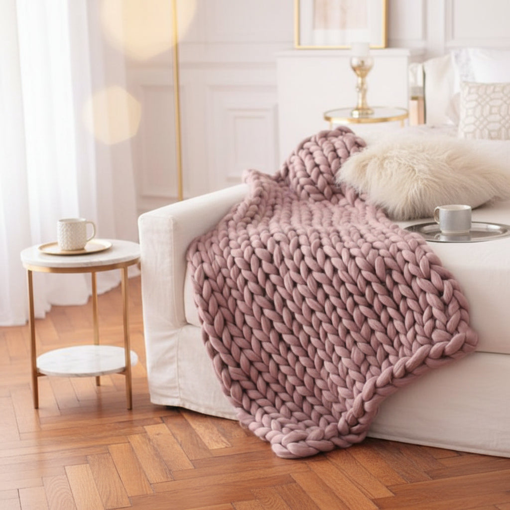 Mauve chunky knit throw blanket with anti-pilling texture draped on a white sofa for cozy living room decor.